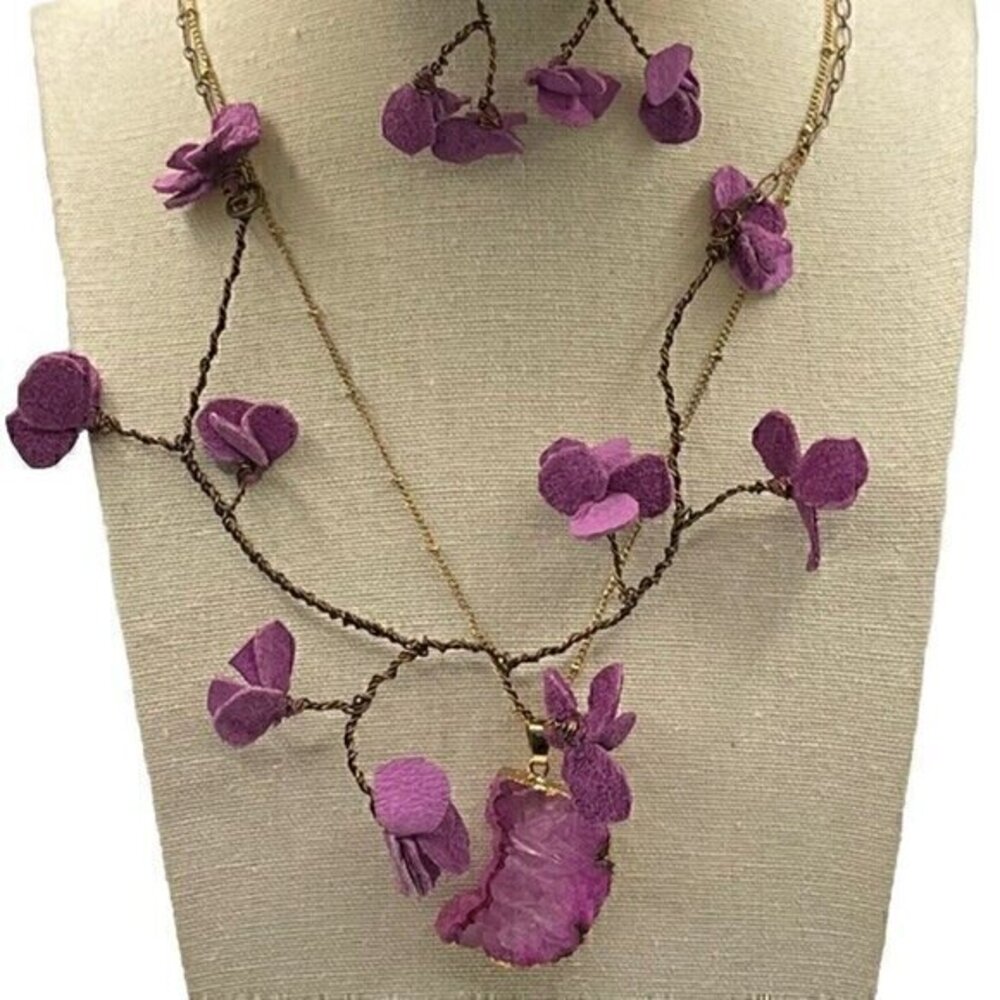 Vintage 3 Floral Wired Strand Purple Fuchsia Spacer Necklace W/ Paired N…
